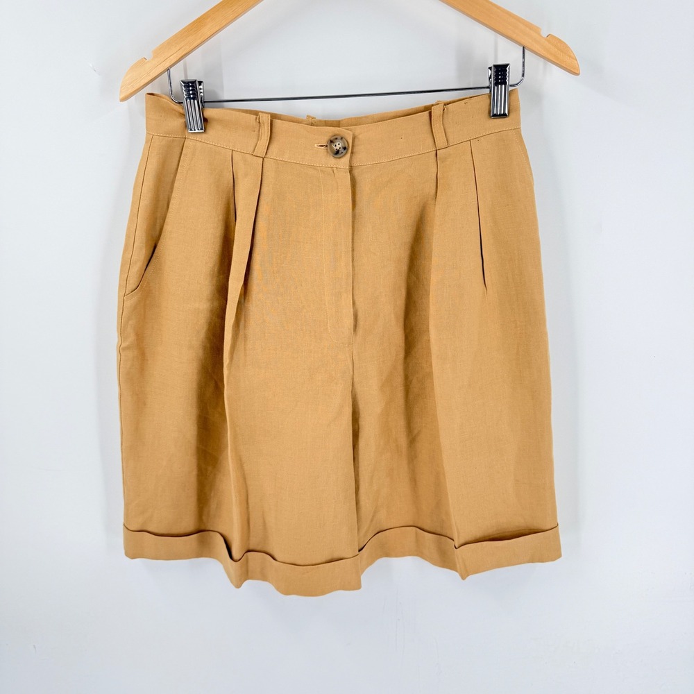 Vintage Ann Taylor Studio Linen Pleated Shorts Tan 12 High Rise 90s Coastal